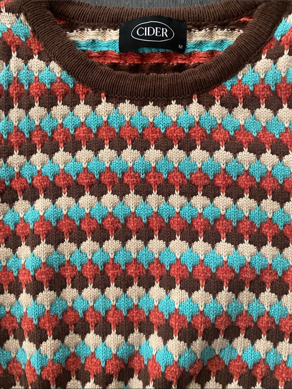 Cider Brown Turquoise Coral Cream Patterned Cropped Sweater - Picture 3 of 6